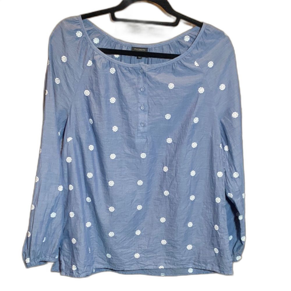 Talbots Blue Chambray Daisy Embroidered Popover Top Long Sleeve Med Boho Casual